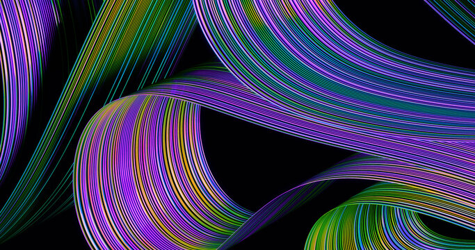 Abstract 3D render of vibrant twisted ribbon on dark background