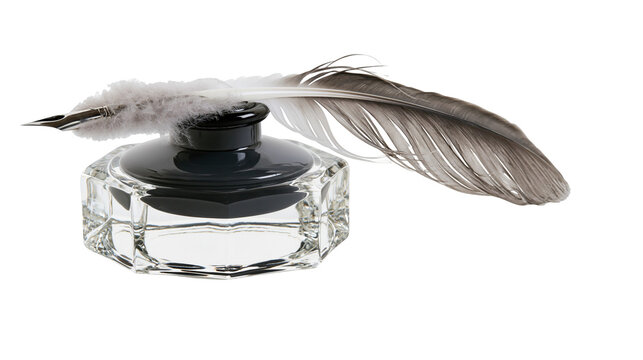 Glass inkwell with quill pen and feather