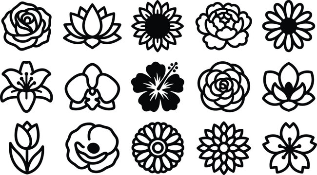 Fifteen black and white flower including roses, lotuses, and sunflowers arranged in a grid on a white background for