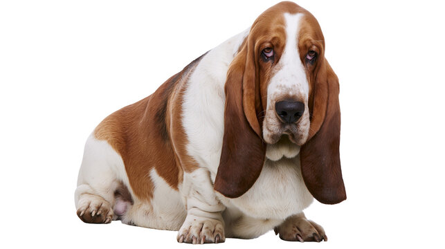 Basset Hound dog with long floppy ears and brown and white fur