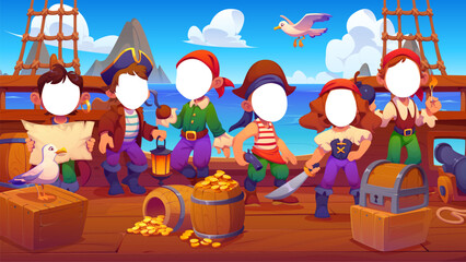 Cartoon kid pirate characters photobooth frame, corsairs photo booth cutout face holes. Cute children pirates crew on wooden ship with treasure chest, gold coins, barrels, seagulls and nautical props