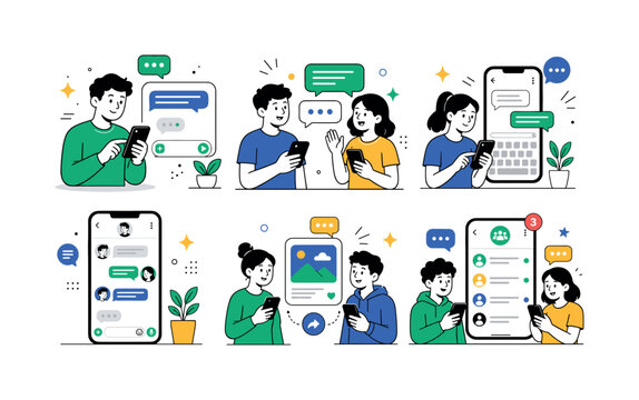Mobile Chat Templates, clean editorial illustration set of exactly 6 separate small editorial scenes in a 3x2 layout: person composing a message on smartphone, friends exchanging speech bubbles, user