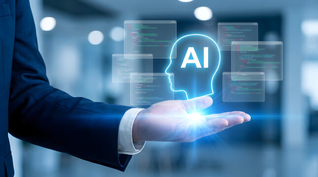 Developer using AI agent hologram for intelligent application development, automated code generation, software engineering, workflow automation, machine learning and digital transformation