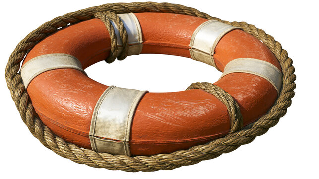 Orange life preserver ring with thick rope and white straps