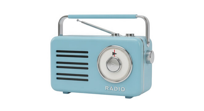 Light blue retro radio with a handle for listening to music isolated on transparent background