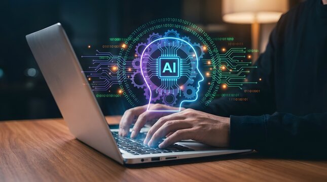 Programmer using laptop with AI coding assistant for software development, automated code generation, bug detection, workflow optimization, application engineering and artificial intelligence