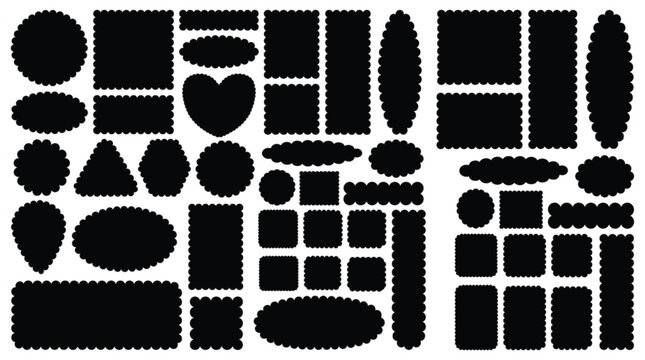 Vintage postage stamp edge silhouettes, decorative scalloped border frames set, black perforated sticker shapes for scrapbooking and mail design
