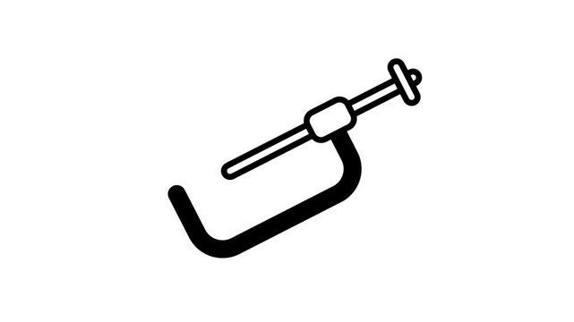 A black and white line icon of a C clamp with an adjustable screw handle used to hold or secure materials firmly during work while working on a bench