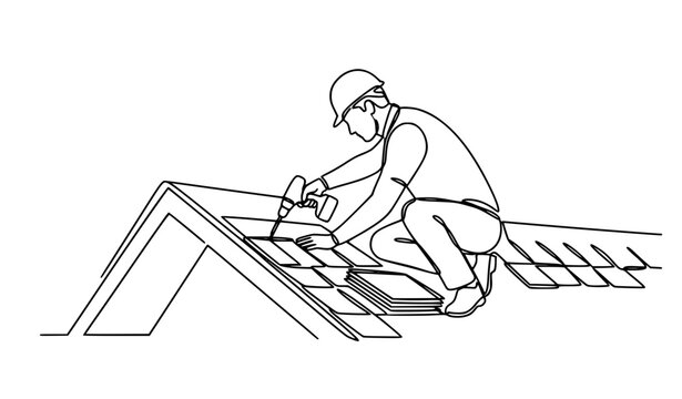 One line roofer installing roof shingles with cordless electric screwdriver, house construction repair and roofing maintenance vector icon