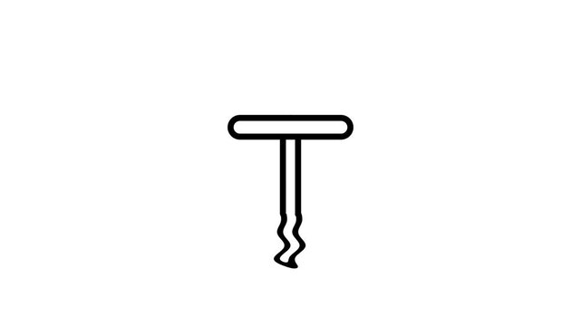 A black and white line icon of a corkscrew tool with a spiral metal tip used for pulling corks out of wine bottles easily often kept in a kitchen