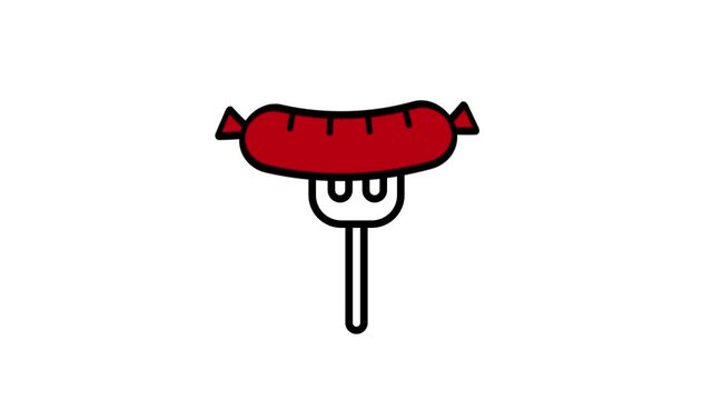 A colorful icon showing a grilled sausage or hot dog on a wooden stick ready to be eaten as a quick street food snack at an outdoor summer festival