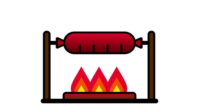 A colorful icon depicting a long sausage roasting on a spit or rotisserie skewer directly over an open campfire flame outdoors enjoyed at a backyard