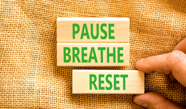 Pause breathe reset words symbol. Concept words Pause breathe reset on beautiful wooden blocks. Beautiful canvas background. Business support motivational and pause breathe reset concept. Copy space.