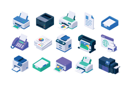 Printer Office Output isometric flat icon set, 15 isometric object icons showing home printer, laser printer, inkjet printer, printout page, paper tray, fax printer, document output, office print