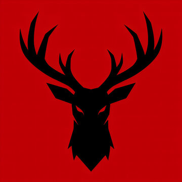 Bold black deer head silhouette against vibrant red background for strong visual impact with antlers set against against solid vivid graphic design striking black