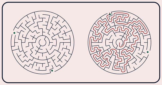 Circular maze design with outlined paths in red and black  