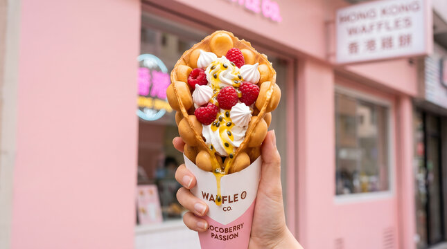 Hong Kong Style Bubble Waffle Filled with Coconut Cream Raspberries and Passion Fruit