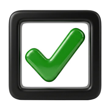 3D Green Checkmark in Rounded Square Black Frame Icon Isolated on White Background