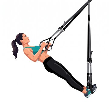 Athlete performing suspension training exercise with fitness straps, vector isolated on white