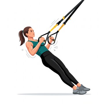 Athlete performing suspension training exercise with fitness straps, vector isolated on white