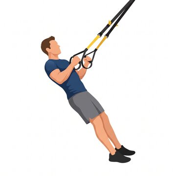 Athlete performing suspension training exercise with fitness straps, vector isolated on white