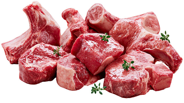 Raw beef cuts with bone and fresh thyme sprigs