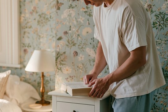 Young man in oversized cotton t-shirt places hardback book on nightstand in bedroom with pale blue wildflower wallpaper and soft lighting