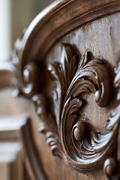 Closeup of intricately carved walnut wood grain on a bed frame headboard, highlighting detailed floral motifs and natural patina in warm light