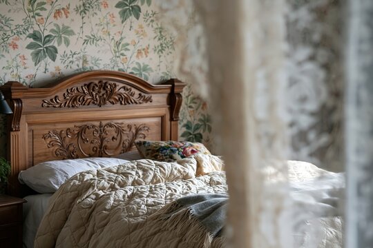 Carved walnut bed with ivory quilted linen and floral wallpaper, softly blurred lace curtain in warm morning light