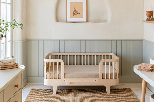 Baby room featuring a low birch crib, soft blue wainscoting, woven jute rug, and gentle afternoon light illuminating the space