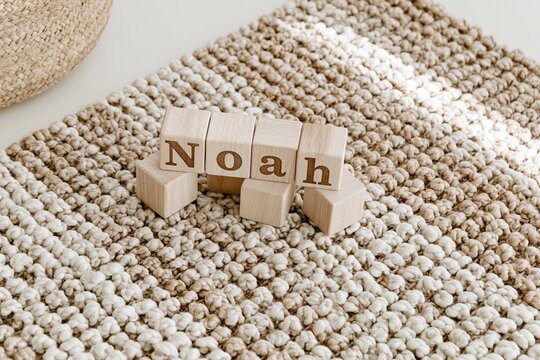 Wooden building blocks spelling "Noah" arranged on a woven cotton rug in a Scandinavian nursery with soft afternoon light illuminating the scene