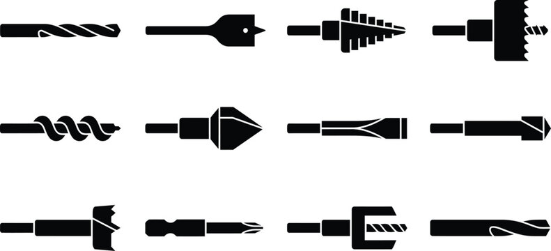 Drill Bits Set Vector Icons for Woodworking Metal Drilling Construction Tools and Equipment