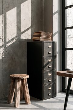 Industrial loft home office corner featuring black steel filing cabinets and reclaimed wood stool against a raw concrete wall with warm afternoon light