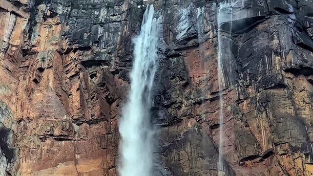 Angel waterfall plunges from Auyan Tepui, where the Churun River forms the world's tallest uninterrupted waterfall above pristine rainforest. Angel Falls, Canaima National Park, Venezuela.