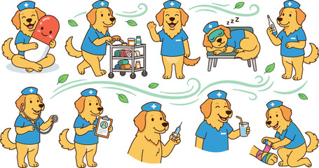 Fototapeta premium Cute Cartoon Dog Nurse Sticker Set with Golden Retriever Character Holding Medical Equipment Pill and Syringe for Hospital Care Graphics