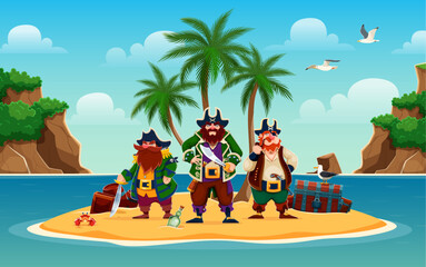 Obraz premium Cartoon pirate ship crew characters on Caribbean island with treasures. Bearded corsairs crew stand on a small tropical ocean island with palm trees and buried treasure chest beside bottles and a crab