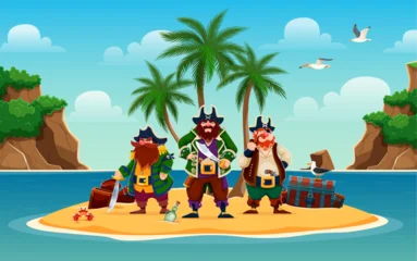 Cartoon pirate ship crew characters on Caribbean island with treasures. Bearded corsairs crew stand on a small tropical ocean island with palm trees and buried treasure chest beside bottles and a crab © Vector Tradition