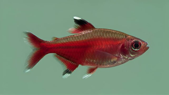A stunning, video showcasing the singular Serpae tetra fish. The fish, with its vibrant ruby-red body and distinct black fin markings, is isolated against a perfectly smooth, calming matte mint-green 