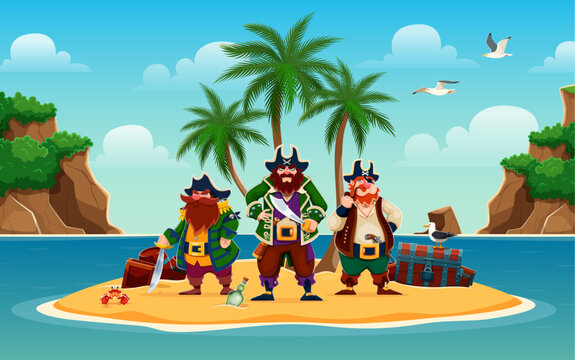 Cartoon pirate ship crew characters on Caribbean island with treasures. Bearded corsairs crew stand on a small tropical ocean island with palm trees and buried treasure chest beside bottles and a crab