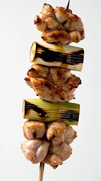 Grilled chicken and leek yakitori skewer glazed with sauce isolated on white background