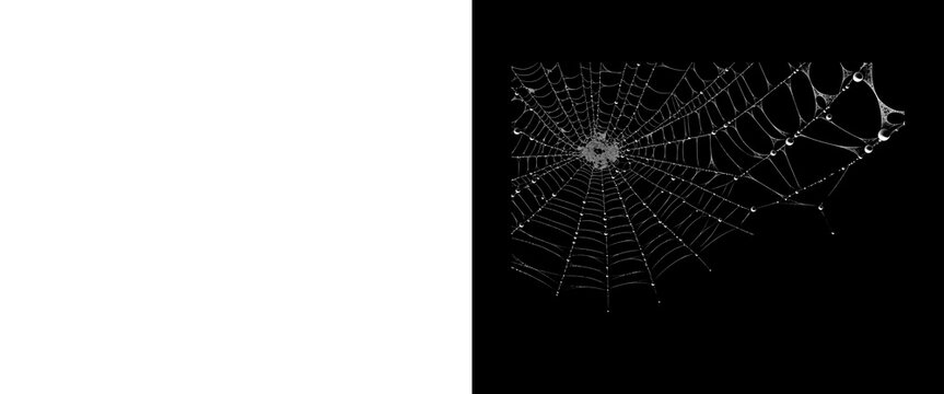Spooky spider web with water droplets on black background, fragile spiderweb texture, dark gothic Halloween background