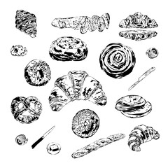 Obraz premium Hand Drawn Bakery Collection with Croissant, Baguette, Bagel, Donut and Pastry Line Art Set