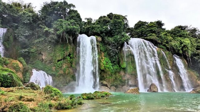 This waterfall marks the border between China and Vietnam, where the Quay Son River creates wide limestone cascades amid lush karst scenery. Ban Gioc Waterfall, Cao Bang, Vietnam.