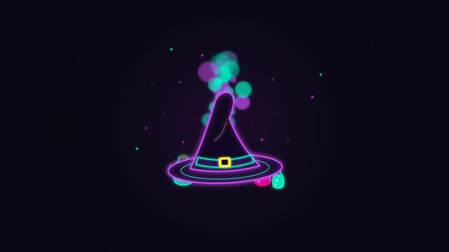 Neon witch hat icon with magic bubbles