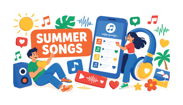 Friendship Playlist Share banner with 2 expressive friends building a shared playlist on an oversized phone screen and giant headphones, music cards, speaker, heart tokens, summer stickers, waveform