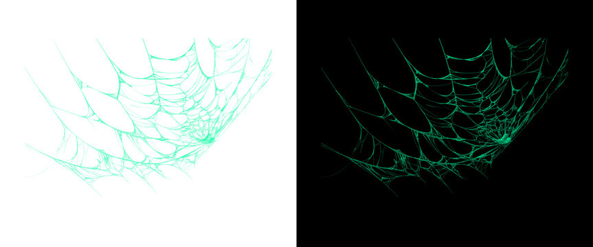 Glowing green spider web on black and white backgrounds, mystical neon cobweb design, spooky emerald spiderweb texture for Halloween and horror themes