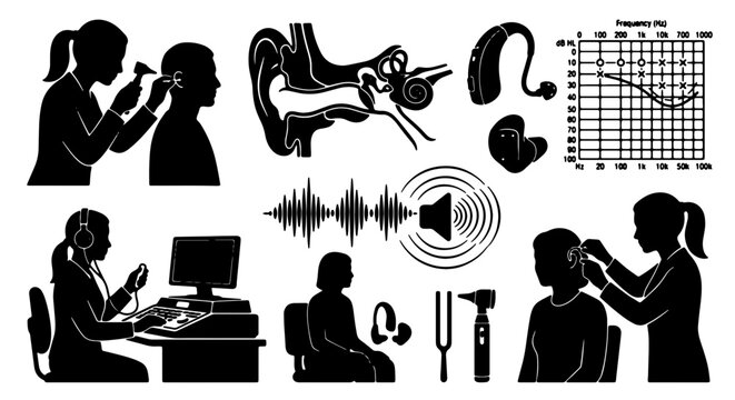 Audiology Icon Set: Hearing Test, Ear Anatomy, Hearing Aids, Sound Waves, Audiogram, Medical Equipment, Vector Graphics for Healthcare and Science