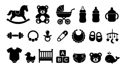 Baby Icons Set: Newborn Essentials, Infant Care, Childhood Toys, Nursery Objects, Silhouette Graphics for Design