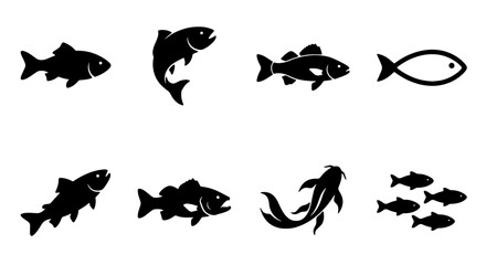 Obraz premium Diverse Fish Silhouettes Collection, Aquatic Life Icons, Seafood Vector Graphics, Marine Animal Shapes for Design