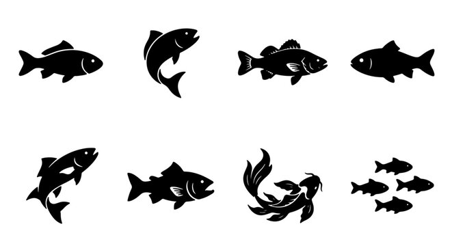 Diverse Fish Silhouettes Collection, Aquatic Life Icons Set, Seafood Vector Graphics, Marine Animal Illustrations for Design